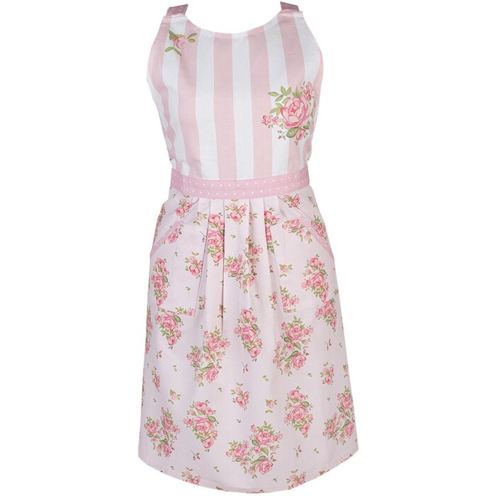 Clayre & Eef SWR41-2 Cooking Apron Pink 70x85 cm with rose pattern and pocket