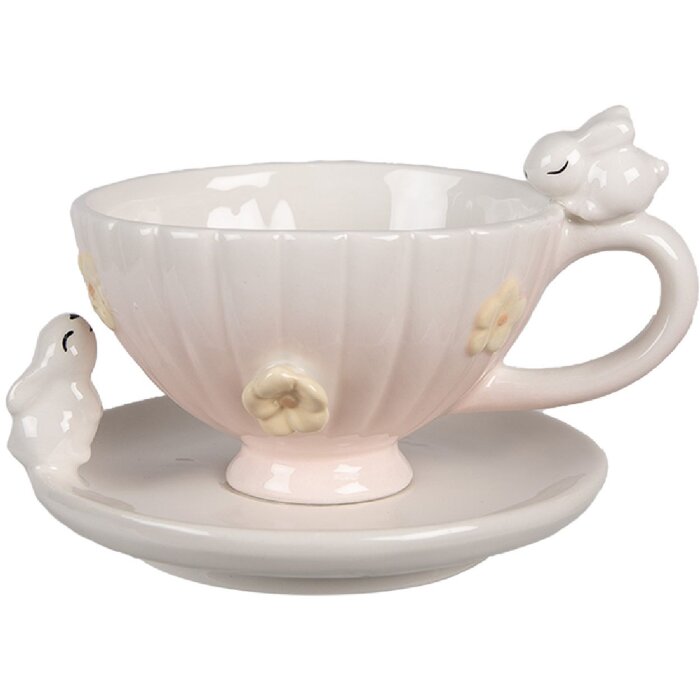 Clayre & Eef 6CE1699 Coffee Cup with Saucer Pink 200ml 14x11x9cm 14x13x5cm