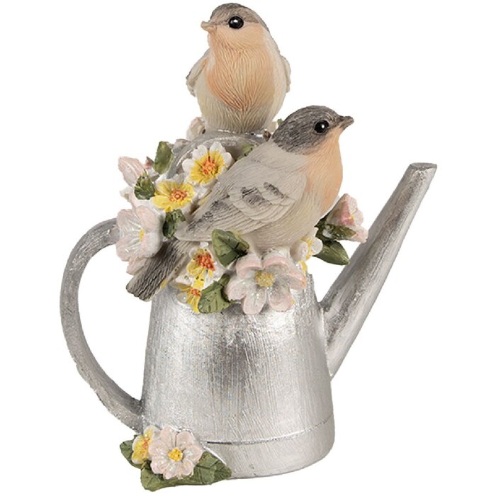 Clayre & Eef 6PR4982 Birds on Watering Can Decoration 11x8x13cm Grey