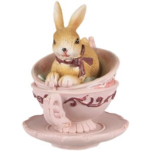 Clayre & Eef 6PR4986 Decorative rabbit in cup 9x7x9 cm Brown Pink