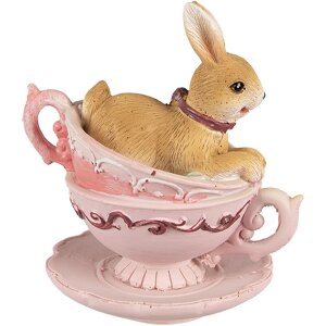 Clayre & Eef 6PR4986 Decorative rabbit in cup 9x7x9 cm Brown Pink