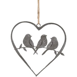 Clayre & Eef 6Y5559 Heart Hanger with Birds Grey...