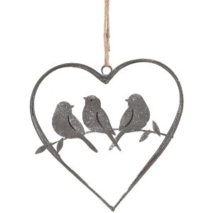 Clayre & Eef 6Y5559 Heart Hanger with Birds Grey...