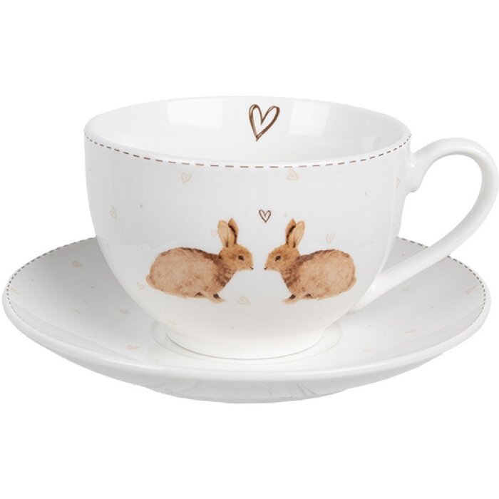 Clayre & Eef BSLCKS Coffee Cup with Saucer White Brown 12x9x6 cm 250 ml