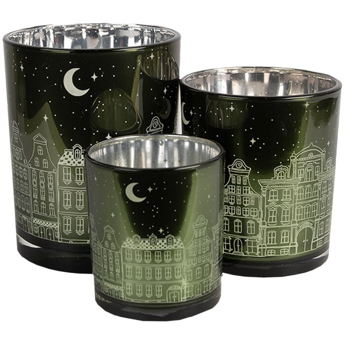 Clayre & Eef 6GL4655 Tealight holder set 3 pieces green Ø 7/8 9/10 10/12 cm