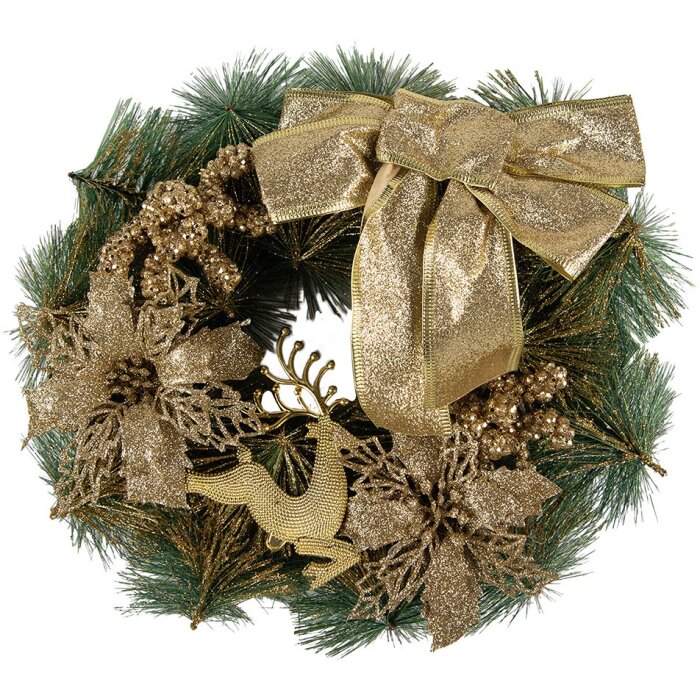 Clayre & Eef Christmas Wreath Gold Green Ø 30x7 cm Plastic Decoration