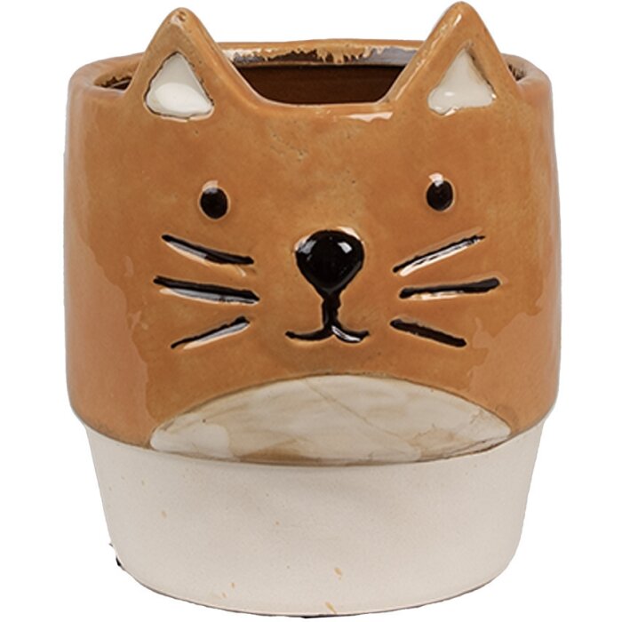 Clayre & Eef 6CE1877 Flower Pot Ceramic Cat Orange Beige Ø 11x13 cm