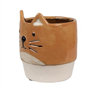 Clayre & Eef 6CE1877 Flower Pot Ceramic Cat Orange Beige Ø 11x13 cm