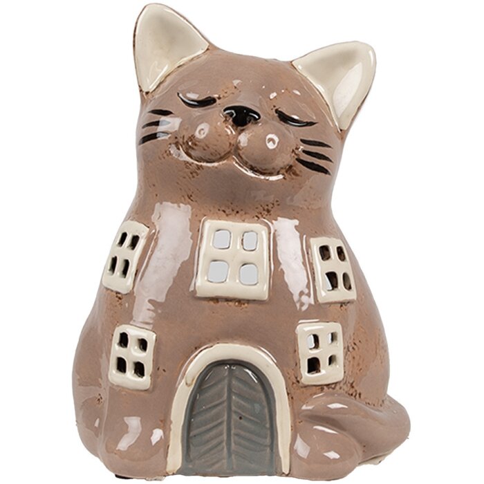 Clayre & Eef 6CE1905 Tealight Holder Cat Brown Ceramic 14x12x18 cm