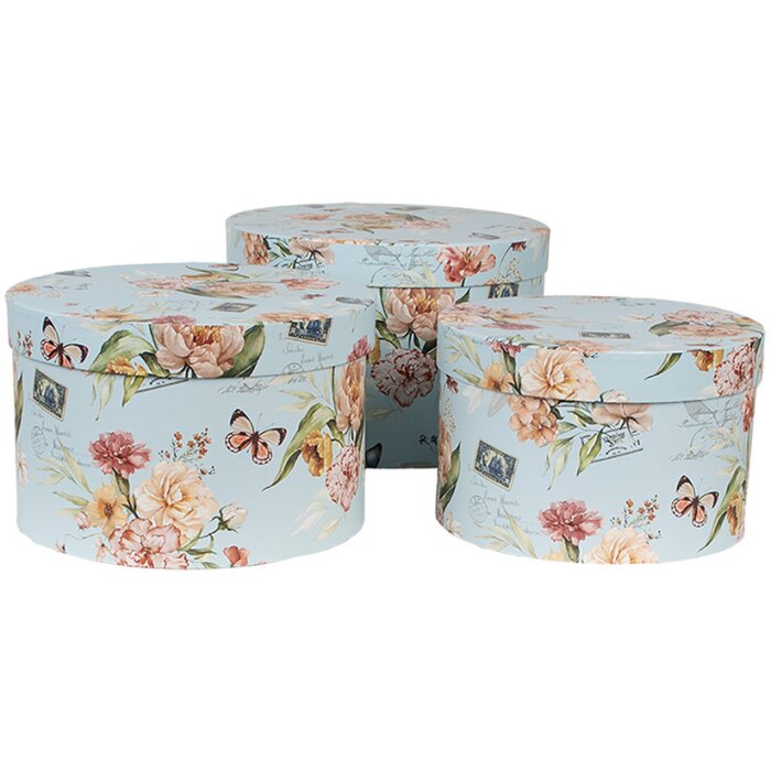 Clayre & Eef 66006 Hat Box Set of 3 Blue Floral Design Ø 24/22/21 cm