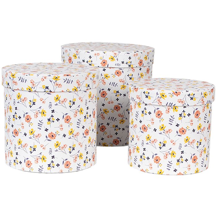 Clayre & Eef 66007 Hat box set of 3 round flower design white 19/17/15 cm