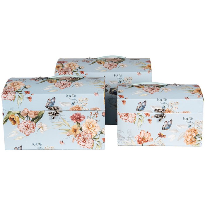 Clayre & Eef 66008 Decoration Case Set of 3 Blue Flowers Butterflies