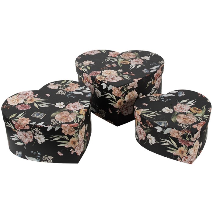 Clayre & Eef 66010 Storage box set heart shape 3-piece black floral pattern