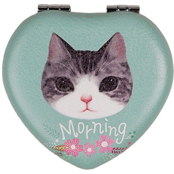 Juleeze JZSP0015 Hand mirror heart shape cat motif green 7x7x2 cm