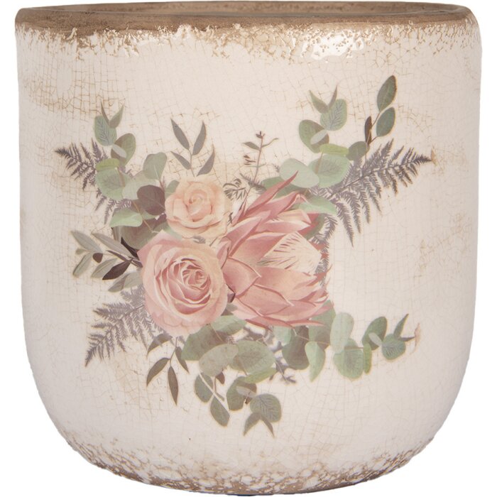 Clayre & Eef 6CE1981L Flower Pot Ceramic Floral Pattern Beige Pink Ø 18x17 cm