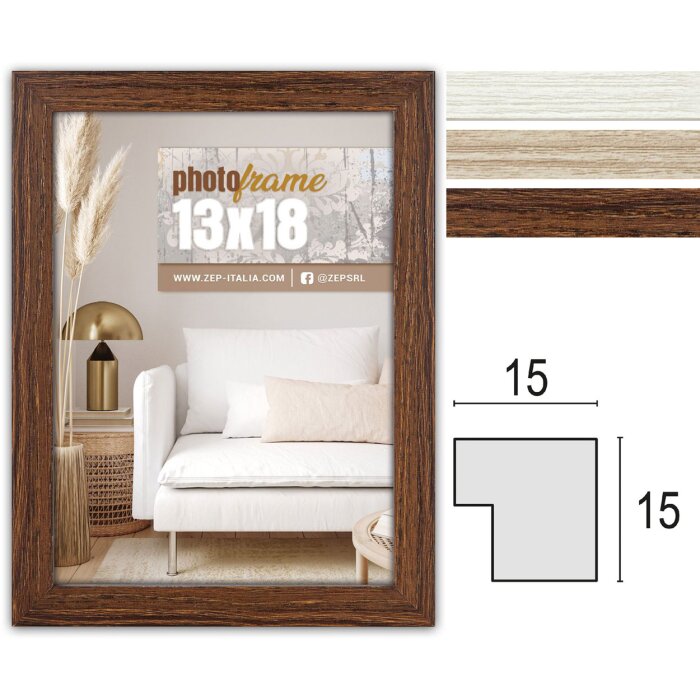 ZEP Wooden Frame Hall 10x15 to 20x30 cm White Brown Natural Block Profile Clear Glass