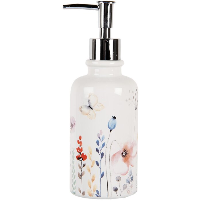 Clayre & Eef 6CE2009 Soap Dispenser Ceramic White Floral Ø 9x20 cm 350 ml