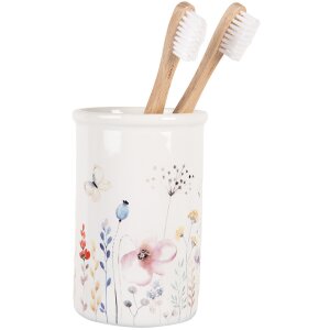 Clayre & Eef Toothbrush Holder White Ceramic Floral Ø 8x12 cm Country style