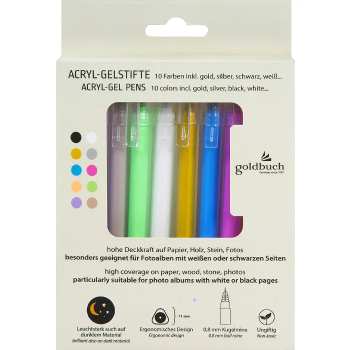 Goldbuch acrylic gel pens set 10 colours gold silver black white 0.8 mm