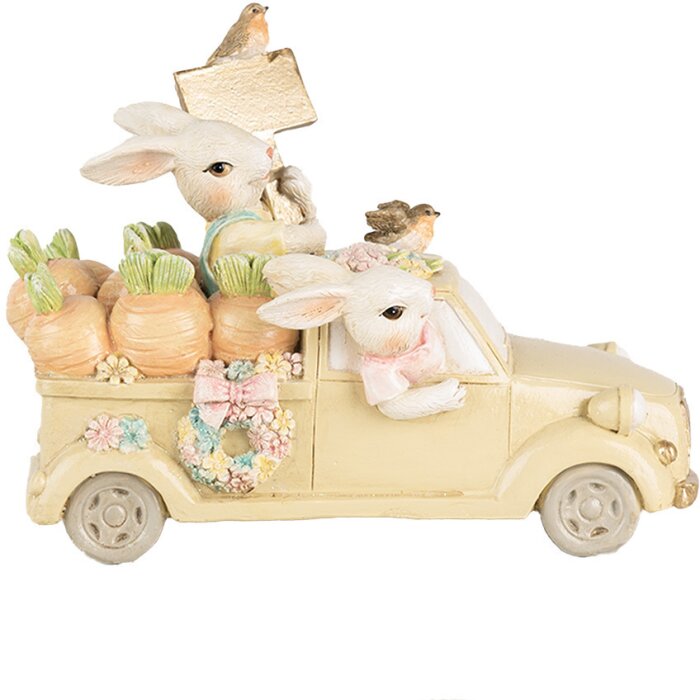 Clayre & Eef 6PR4388 Decorative Rabbit in a Car White Beige 16x8x12 cm