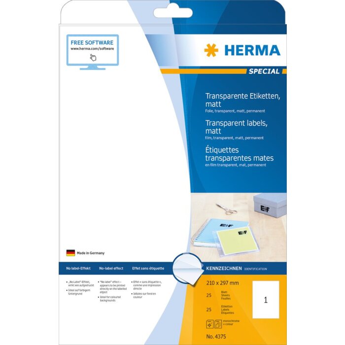 HERMA Labels transparent matt A4 210x297 mm film 25 pcs.