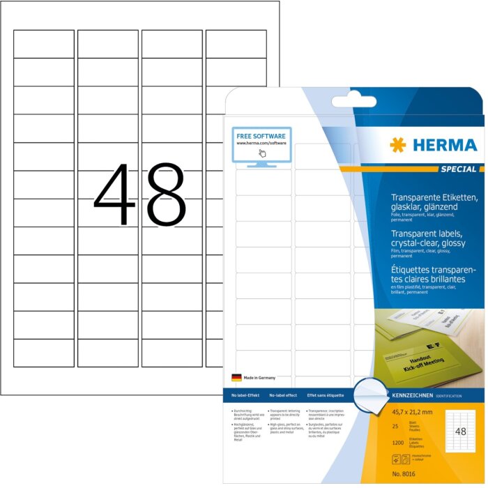 HERMA Labels transparent crystal-clear A4 45,7x21,2 mm transparent clear film glossy 1200 pcs.