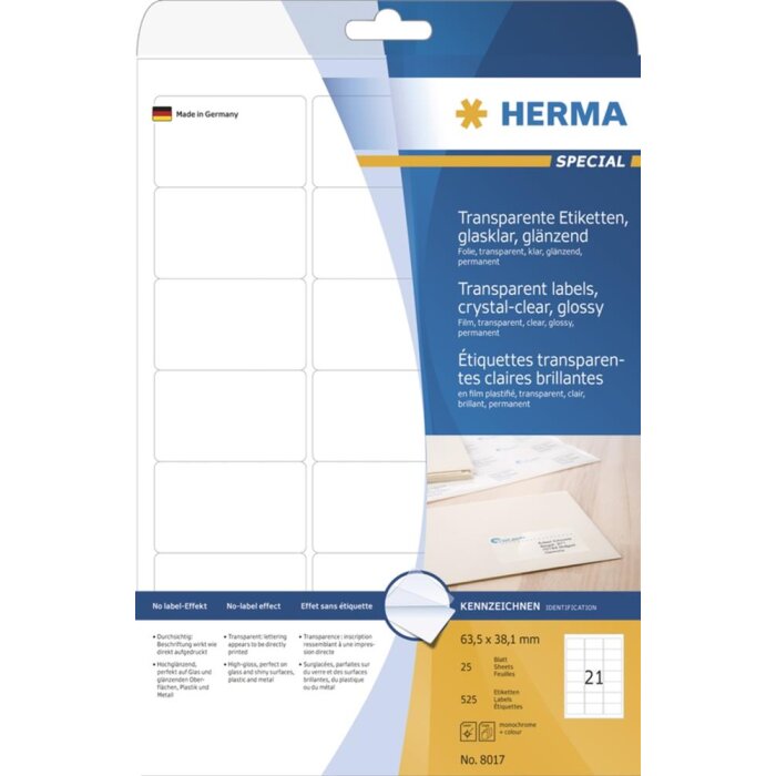 HERMA Labels transparent crystal-clear  A4 63,5x38,1 mm transparent clear film glossy 525 pcs.