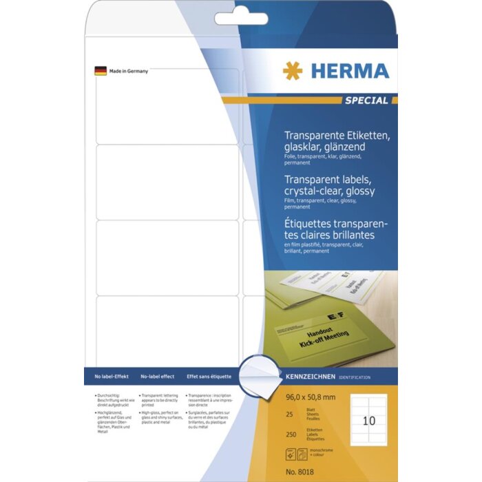 HERMA Labels transparent crystal-clear  A4 96x50,8 mm transparent clear film glossy 250 pcs.