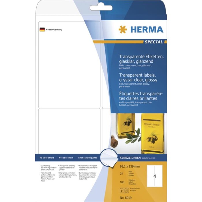 HERMA Labels transparent crystal-clear  A4 99,1x139 mm transparent clear film glossy 100 pcs.