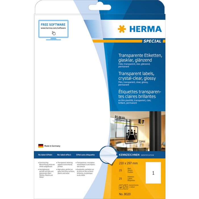 HERMA Labels transparent crystal-clear  A4 210x297 mm transparent clear film glossy 25 pcs.