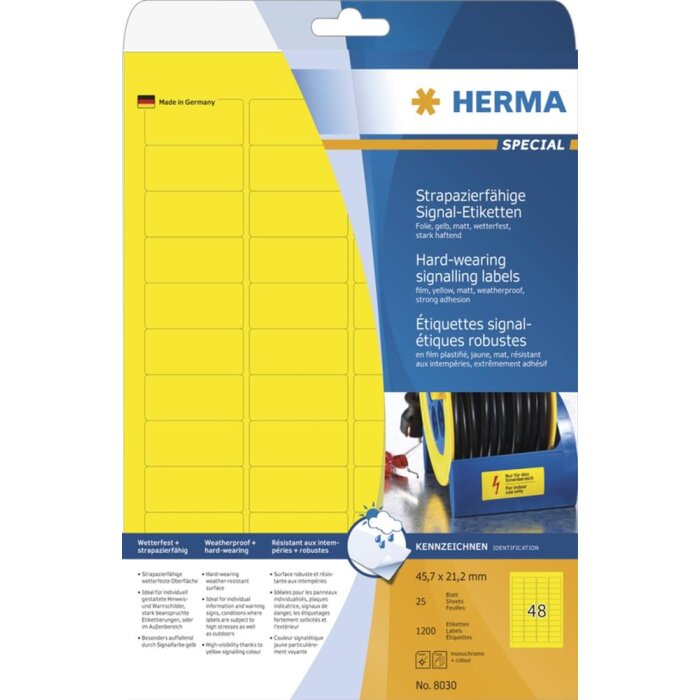 HERMA Labels signalling hard-wearing A4 45,7x21,2 mm yellow strong adhesion film matt weatherpr. 1200 pcs.