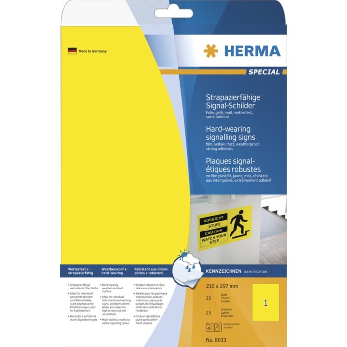 HERMA Signs signalling hard-wearing A4 210x297 mm yellow strong adhesion film matt weatherproof 25 pcs.